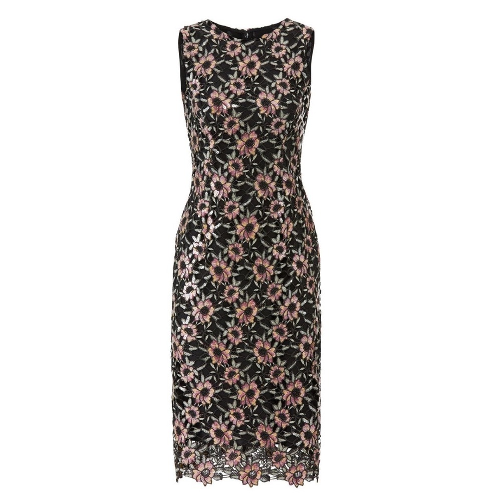 Prabal Gurung Floral Embroidered‎ Sequin Lace Sheath Dress Black Pink Midi - Picture 2 of 12